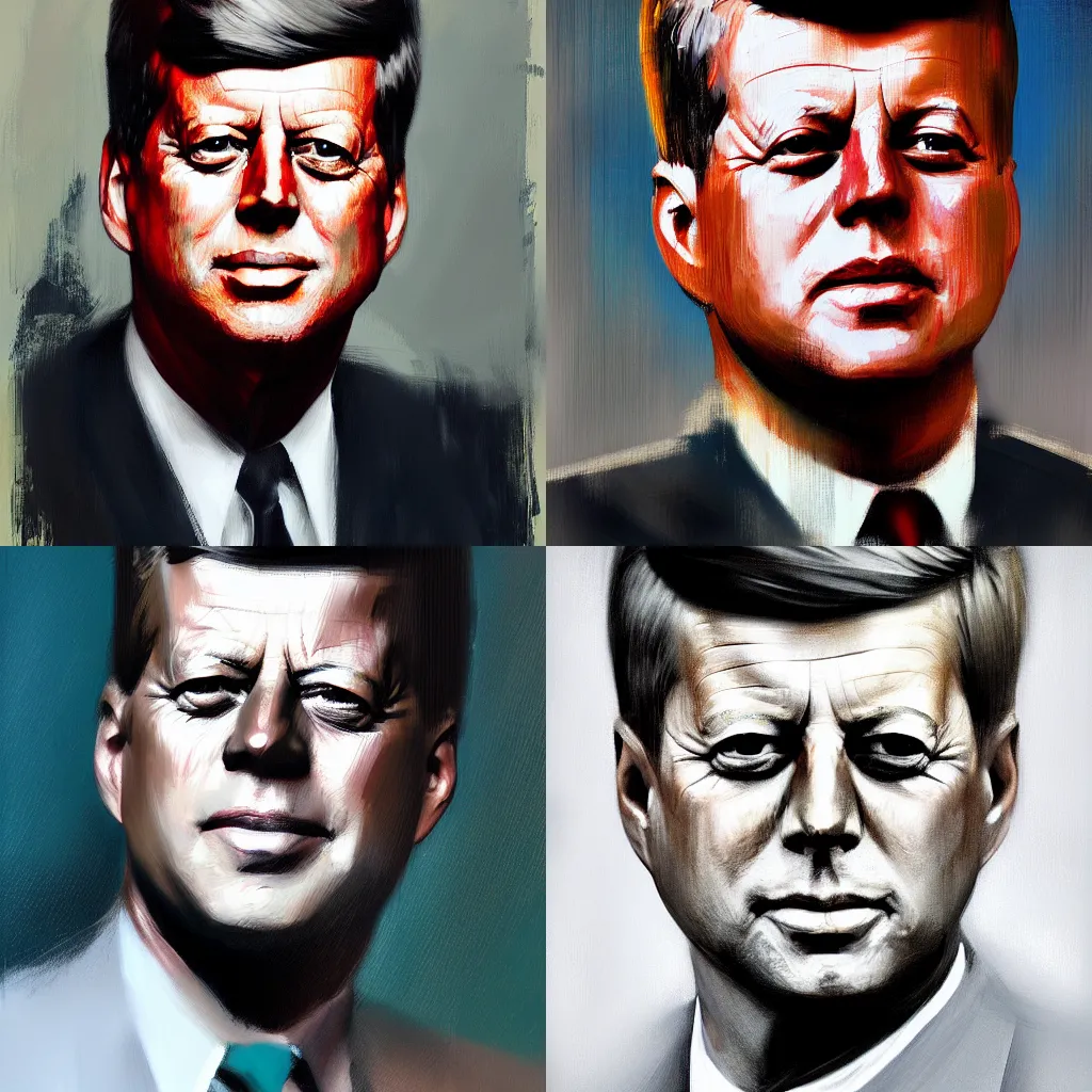 Prompt: A hyperdetailed digital oil portrait painting of John F. Kennedy in the style of Guy Denning and Ruan Jia. Trending on ArtStation and DeviantArt. Digital art.