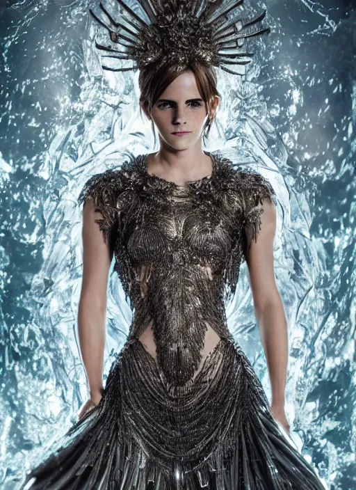 Prompt: expressive full body photo of emma watson, headpiece made from water, dress made of steel blades, glamour shot, by karol bak, stefan gesell, photorealistic, canon, fashion photography, hyper maximalist, elegant, ornate, luxury, elite, environmental portrait, symmetrical features, octane render, unreal engine, solid dark grey background, dramatic lights