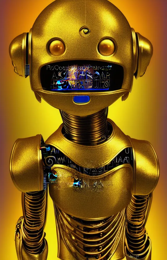 Image similar to portrait of a robot humanoid alien with golden armature and medieval helmet. Galactic iridescent background in the style of Tim white and moebius