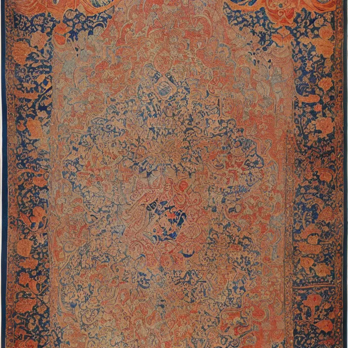 Image similar to A Persian carpet with Japanese ukiyo-e patterns and soft colors laid flat.