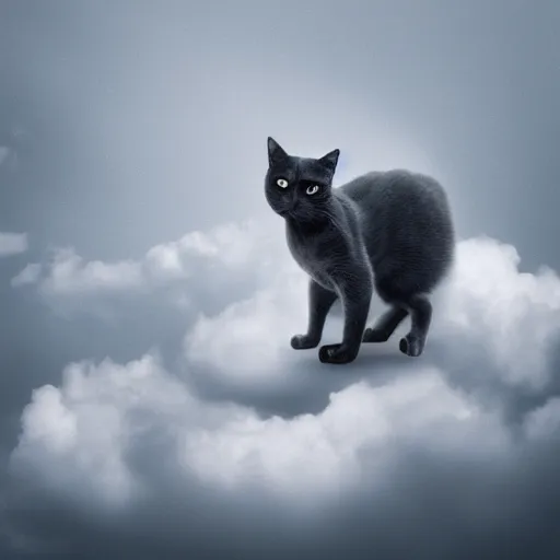 Prompt: a dark grey cat on top of a cloud, photography photorealistic