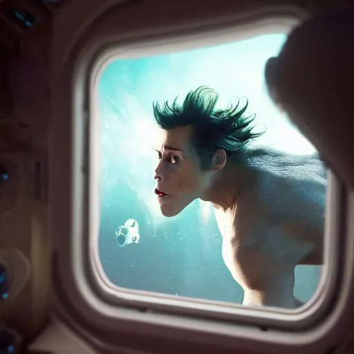 Image similar to hyperrealistic film still of ace ventura peeking through window, spacecraft in space, stunning 3 d render, inspired by istvan sandorfi & greg rutkowski & unreal engine, perfect facial symmetry, dim volumetric cinematic lighting, 8 k octane comprehensive render, extremely hyper - detailed, incredibly lifelike attributes, intricate, real flesh texture, masterpiece, artstation, stunning,