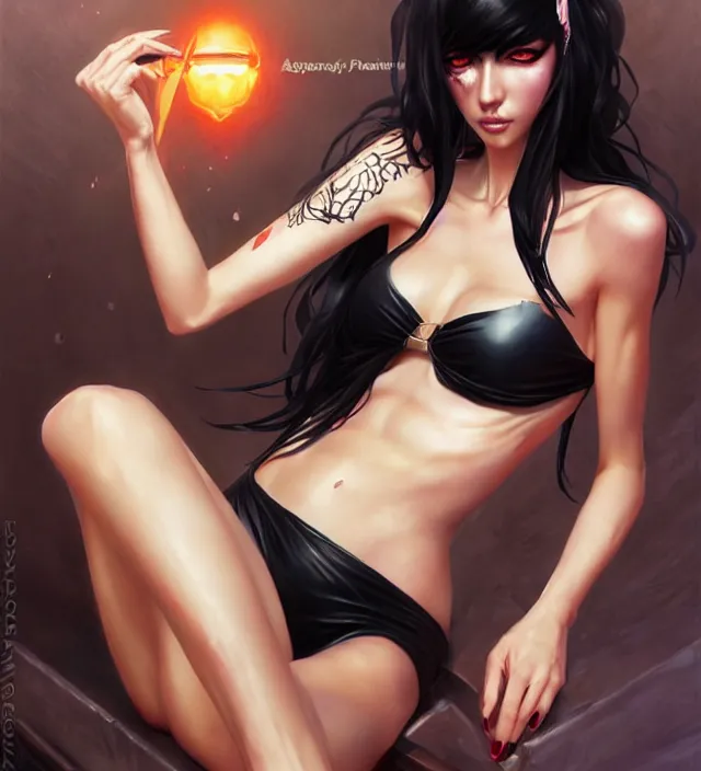 Image similar to portrait of beautiful tall girl cosplay with black hair in bikini without black strong makeup and full body tattooed and high heels and clothes fully on, art by ( ( ( stanley artgerm lau ) ) ) and artgem and wlop and magali villeneuve and karol bak and gennady ulybin and alena aenami