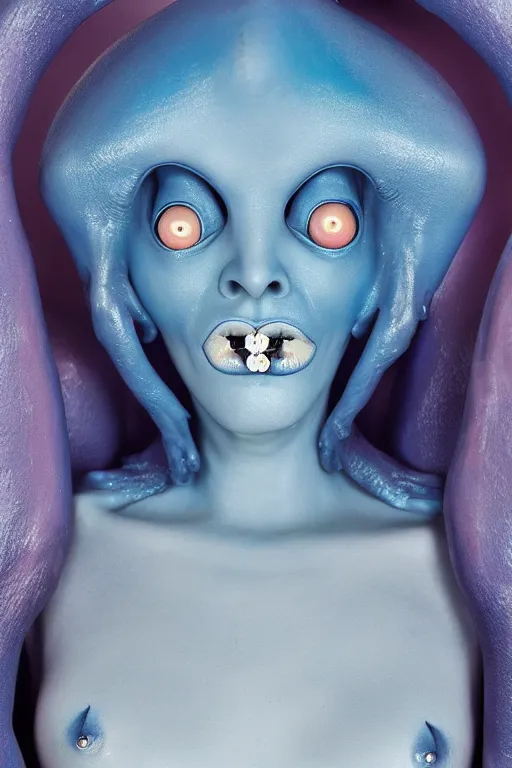 Image similar to portrait of a blue alien woman, silicone skin, 4 eyes, pierced with plasma jets, 5 th element, cinematrographic, elegant, soft shapes, sharp details, 3 5 mm, f / 2 4