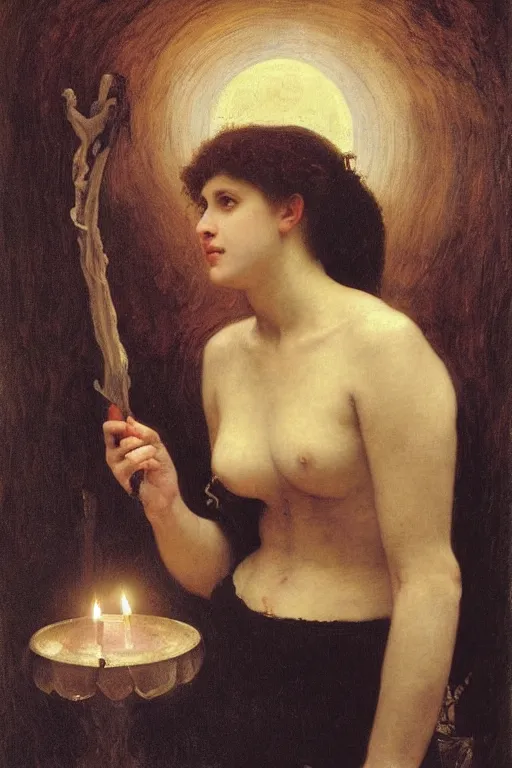 Image similar to a renaissance oil painting portrait by alma tadema of demonic vampire evil woman by full moon holding lit dark candles, candlelight, colourful pastel, detailed academic bouguereau, high shadow, strong contrast, medium shot, sharp focus