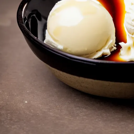 Prompt: closeup of a bowl with three balls of plain vanilla ice cream. with small amounts of caramel sauce on top. Simplistic. Food photography.