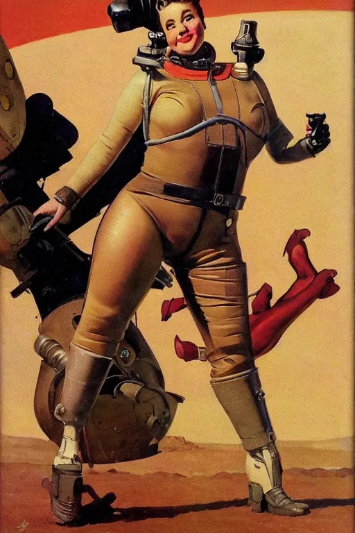 Image similar to 5 0 s pulp scifi fantasy illustration full body portrait cheerful overweight woman in leather spacesuit on mars, by norman rockwell, roberto ferri, daniel gerhartz, edd cartier, jack kirby, howard v brown, ruan jia, tom lovell, frank r paul, jacob collins, dean cornwell, astounding stories, amazing, fantasy, other worlds