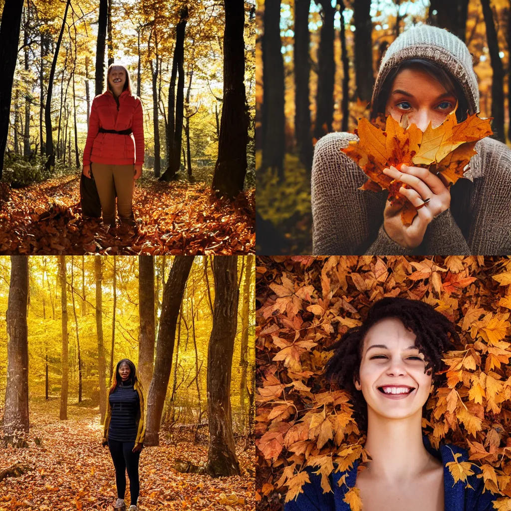Prompt: woman covered in autumn leaves in a forest. only the head of the woman is visible. she is smiling. golden hour, 4K photo
