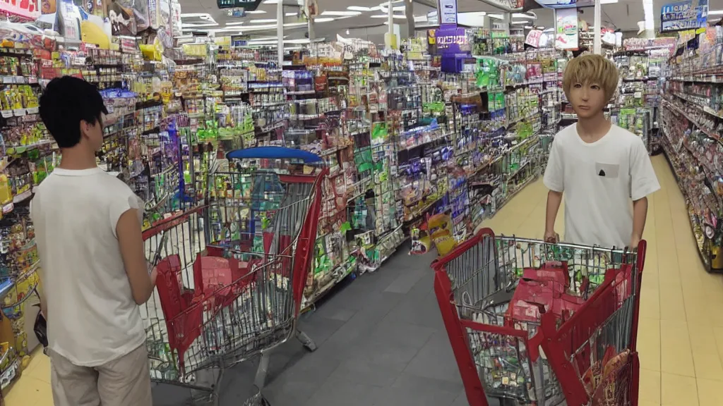 Image similar to Genos from One Punch Man pushing a shopping cart in a Japanese grocery store by Studio Ghibli! Hiyao Miyazaki