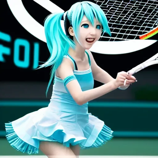 Prompt: photo of hatsune miku in real world playing tennis