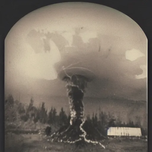 Prompt: vladimir putin scared leaking skin radiation, polaroid black and white picture, night, glowing eyes, creepypasta, in forest beautiful hydrogen bomb explosion in back 1 9 th century, scary horrifying satanic ritual,