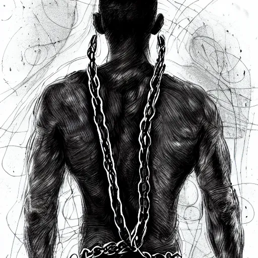 Image similar to A PORTRAIT FROM BEHIND OF A MAN ,THE THE MAN IS WRAPPED IN CHAINS ,detailed, concept art, ink style , sketch