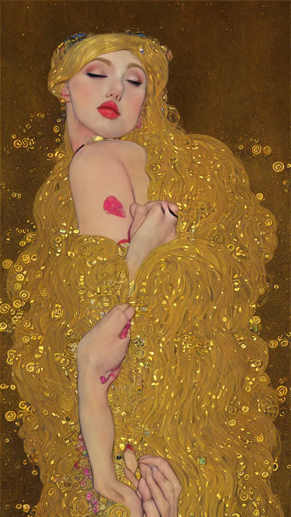 Image similar to a soft and breathtaking detailed painting of a full body sleeping blonde princess in the style of Gustav Klimt, blonde hair, shiny gold, elegant, highly detailed, artstation, fluo colors, concept art, matte, sharp focus, art by Gustav Klimt