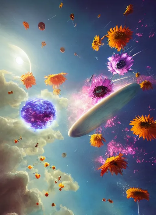 Image similar to An epic fantastic realism comic book style painting of the most beautiful flowers launched into space, bouquets, solar eclipse, fisheye, unreal 5, DAZ, hyperrealistic, octane render, dynamic lighting