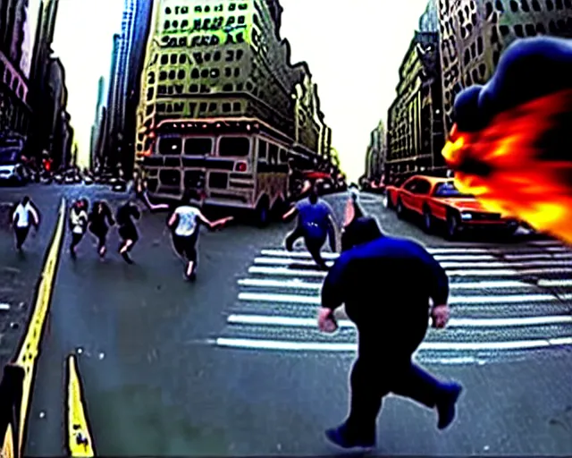 Prompt: [ 1 6 k ] a ginourmous fat behemoth putrid rotting smelly man stomping over new york city. terrorist attack. people running for their lives