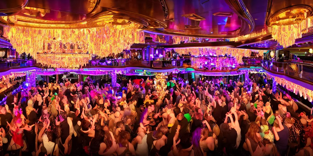 Image similar to 8 k uhd cinema 4 d, octane render of multiple cats with fluffy tails, dressed as vegetables, line dancing at a party, in the ballroom of a luxury cruise liner, beautiful chandeliers from the ceiling, ultra realistic, wide angle shot, group photography 1 8 mm lens, multi coloured volumetric lighting