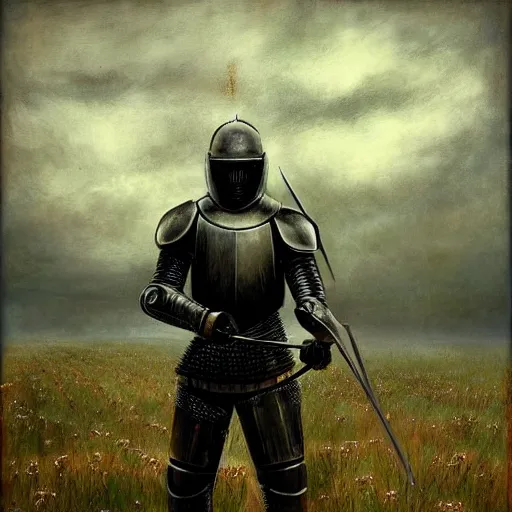 Prompt: a knight in pitch black armour, holding a sword pointed to the ground, by andrea kowch