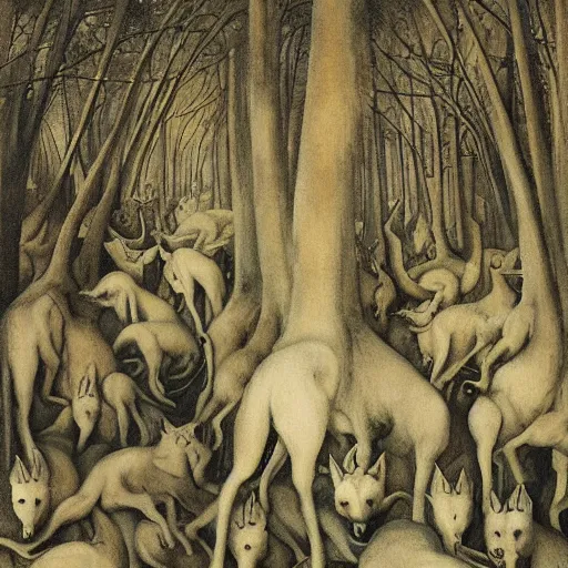 Prompt: forest of dancing wolves, by Odd Nerdrum, by Francisco Goya, by M.C. Escher, fairy-tale illustration style, very detailed, colorful, beautiful, eerie, surreal, psychedelic