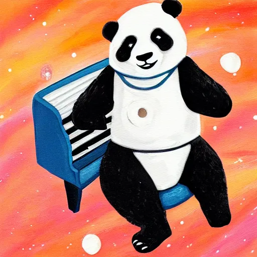 Image similar to painting of a panda playing piano at the edge of the galaxy wearing an astronaut uniform and laughing