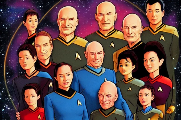 Image similar to star trek next generation enterprise - d bridge crew, captain picard in center, family portrait, in style of studio ghibli