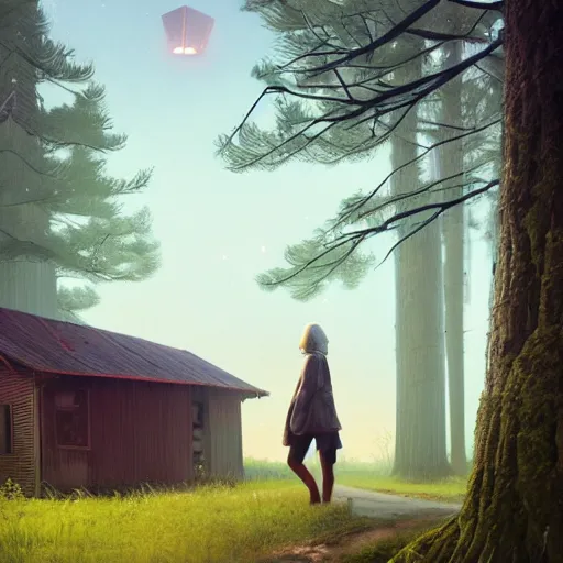 Image similar to woman leaving her wooden broken house by simon stålenhag, very highly detailed, award winning, rendered by Beeple, by Makoto Shinkai, syd meade, starwars, space art concept, digital art, unreal engine, blender, WLOP, trending on artstation, 4K UHD image, octane render