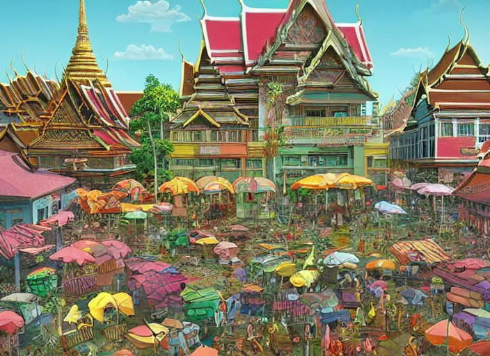 Image similar to bangkok townsquare, summer morning, very coherent and colorful high contrast, art by gediminas pranckevicius, geof darrow, dark shadows, hard lighting