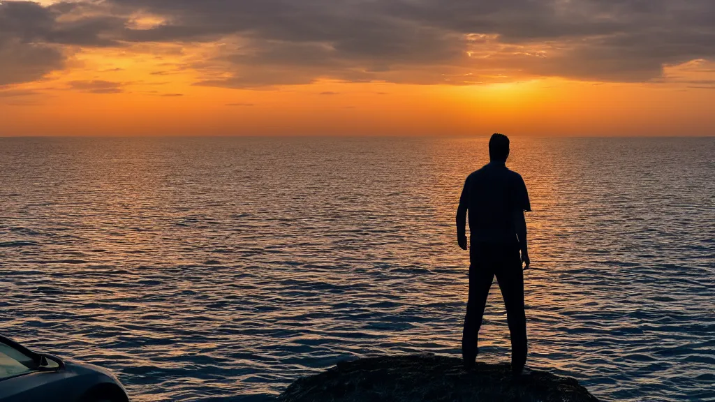 Image similar to a movie still of a man standing on the roof of a car driving through the ocean at sunset, golden hour