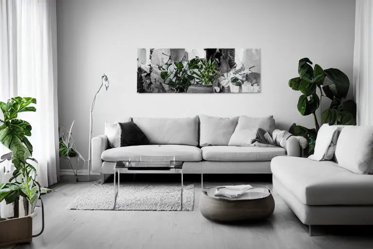 Prompt: minimalist contemporary modern design living room, cozy, calm, plants, big canvas art, hardwoord floor, white walls, highly detailed wide angle photograph, ikea style, light bloom, fabric and textiles