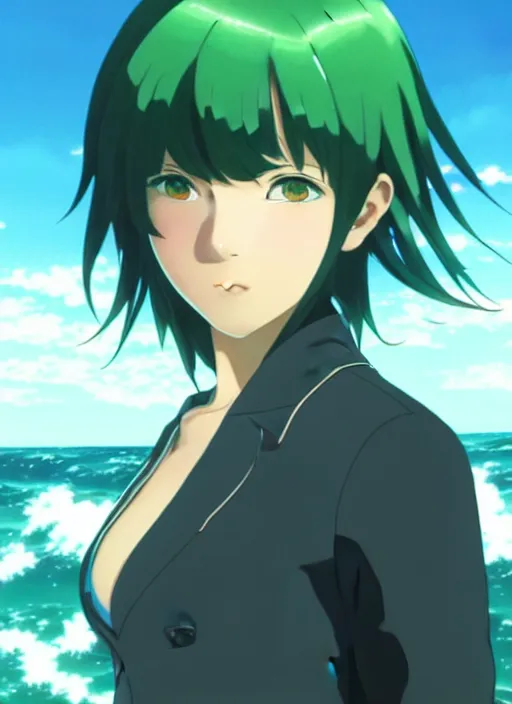 Image similar to makoto shinkai, artgerm, ilya kuvshinov, beautiful anime women with green dress, long blue hair, water powers water swirling, symmetrical face, symmetrical eyes, detailed, beach setting, cinematic lighting