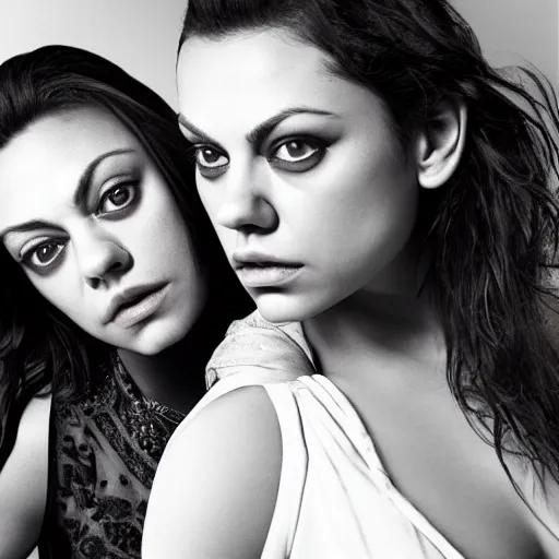 Image similar to Selfie photograph of Mila Kunis and Mila Kunis, light makeup, golden hour, 8k, photographed by Erwin olaf