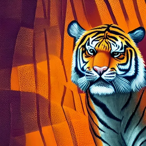 Image similar to tiger in the forest stripes orange sky palm tres sharp claws and teeth in geometric illustration style