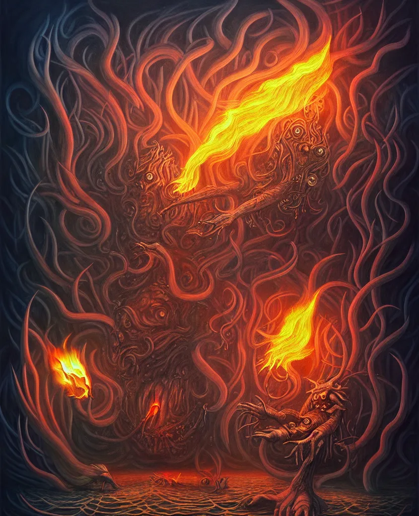 Image similar to mysterious bestiary of wild emotion monsters repressed in the deep sea of unconscious of the psyche lead by baba yaga, about to rip through and escape in a extraordinary revolution, dramatic fire glow lighting, surreal painting by ronny khalil