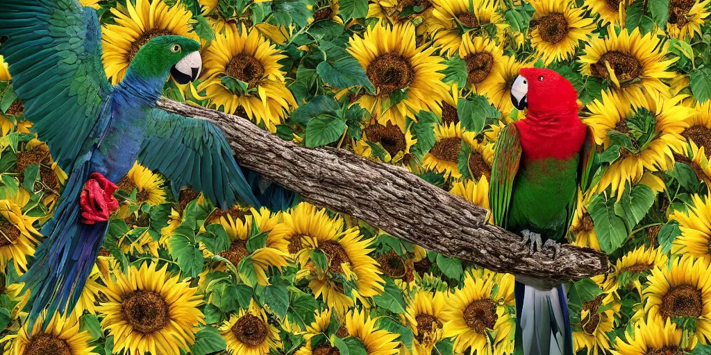 Image similar to angry green parrot with red wings sitting in a tree, surrounded by sunflower seeds, high detail, national geographic photorealistic