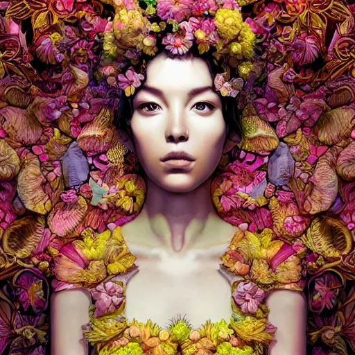 Image similar to the portrait of an absurdly beautiful, graceful, elegant woman made of bananas and petals, an ultrafine detailed illustration by kim jung gi, irakli nadar, intricate linework, bright colors, final fantasy, behance contest winner, angular, unreal engine 5 highly rendered, global illumination, radiant light, detailed and intricate environment