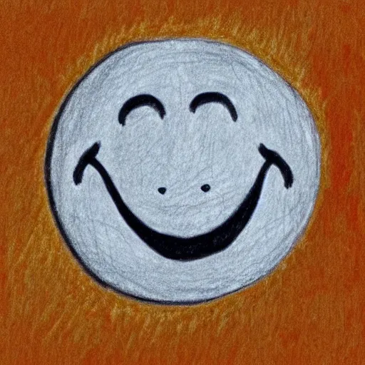 Image similar to primitive drawing of smiling circle face with thumb up hand and red eyes. Сhild drawing picture