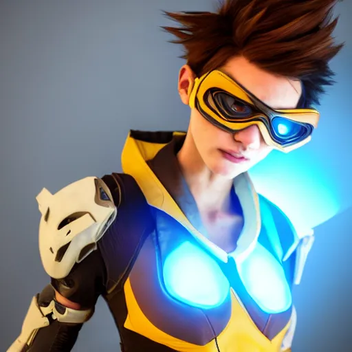 Prompt: tracer from overwatch as a real person, cinematic, volumetric lighting, f 8 aperture, cinematic eastman 5 3 8 4 film, photorealistic