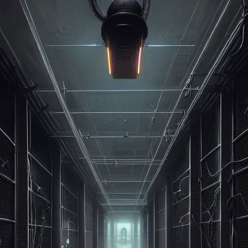 Image similar to professional ominous concept art architecture of a black metalic room with cables hanging from the ceiling by artgerm and greg rutkowski. an intricate, elegant, highly detailed digital painting, concept art, smooth, sharp focus, illustration, in the style of simon stalenhag, wayne barlowe, and igor kieryluk. ( low camera angle )