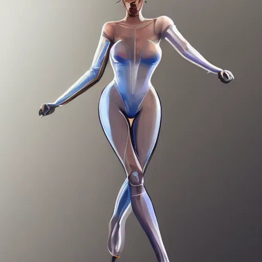 Image similar to full body portrait of a beautiful woman with a perfect face and body wearing a transparent plastic skin tight jumpsuit with circular cutouts, highly detailed, digital painting, artstation, cgscoiety, cinematic, intricate, smooth, sharp focus, illustration, Unreal Engine 5, concept art, 8K, art by Westworld and Esao Andrews.