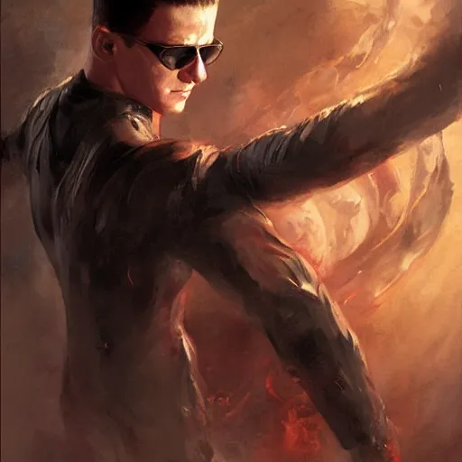 Image similar to anthony starr as wesker, full body, dynamic pose, painted by greg rutkowski