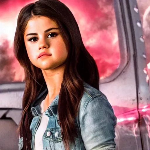 Image similar to High quality movie still of Selena Gomez as Mikaela in Michael Bay's Transformers