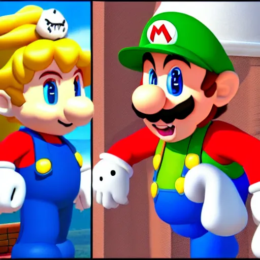 Prompt: super mario meets bowser in the new anime, screenshot