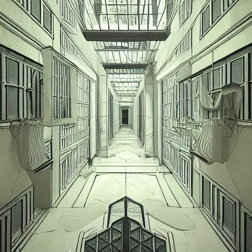 Image similar to a flood of slime in a bright white hallway with many doors and many stairs, Mc Escher architecture, epic composition, by Makoto Shinkai