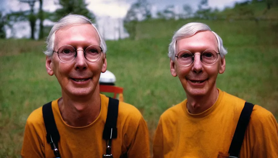 Image similar to far view, extremely skinny malnourished mitch mcconnell, wearing dirty overalls, dirty greasy face, grin, portrait, close up, kodak gold 2 0 0, 5 0 mm,