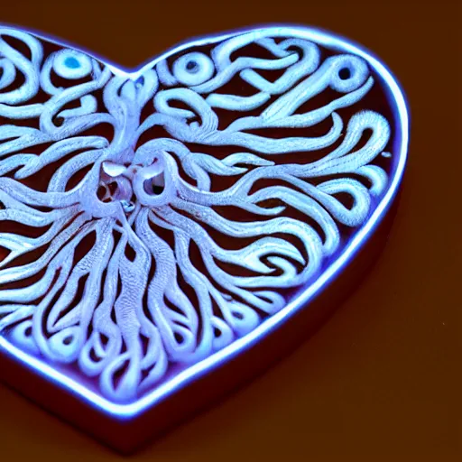 Image similar to intricate heart delicately carved into block of ivory, bioluminescence, tendrils canon 5 d 5 0 mm lens