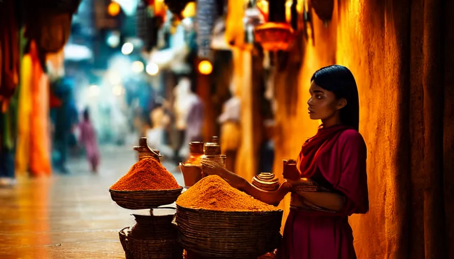 Prompt: movie still photograph of young woman in tunic selling powder at spice market, warm air, beautiful composition, cinematic, vibrant colors, lights and shadows, highly detailed, depth of field, volumetric lights