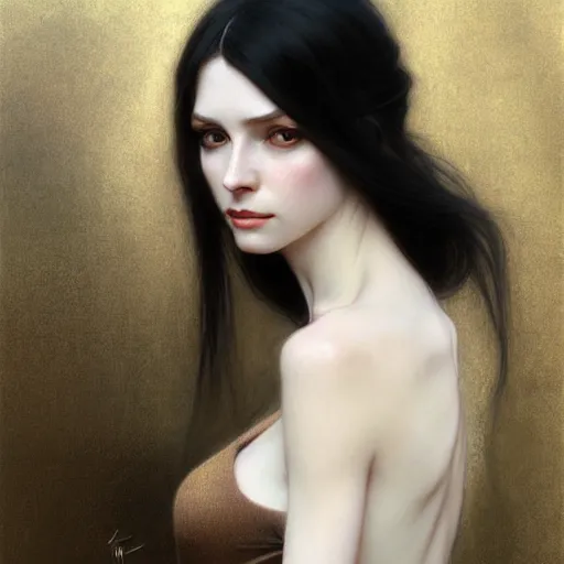 Image similar to Portrait of a beautiful, pale skin, Eastern European female with long black hair, dark eyes, elegant clothing, photorealistic, highly detailed, artstation, smooth, sharp focus, art by Klimt, artgerm, Greg Rutkowski and Alphonse Mucha