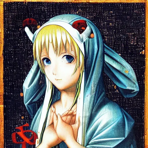 Prompt: A classic portrait of Vocaloid Kagamine Rin with sparkly eyes as a religious symbol by Leonardo da Vinci, oil painting, year 1506, highly detailed, chiaroscuro