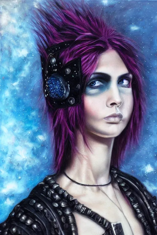 Image similar to hyperrealism oil painting, close - up portrait of punk gothic medieval brunette fashion model, knight, steel gradient mixed with nebula sky, in style of baroque