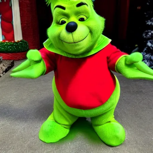 Image similar to winnie the pooh alone as the grinch, winnie the pooh cast as the grinch, full body shot