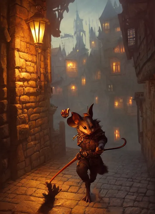 Prompt: anthropomorphic thief mouse sneaking through a medieval town by night, DnD character, unreal engine, octane render, dramatic lighting, pond, digital art, by Stanley Artgerm Lau, greg rutkowski, thomas kindkade, alphonse mucha, loish, norman Rockwell